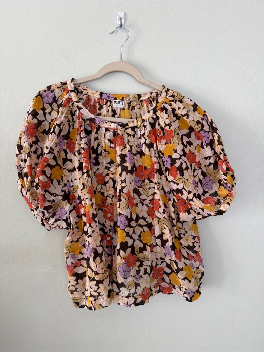Bila Floral Puff-Sleeve Blouse in Brown, Yellow, Purple & Red
